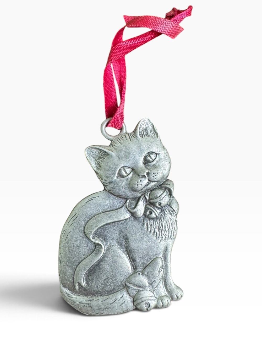 Vintage Silver Cat Ornament with Red Ribbon